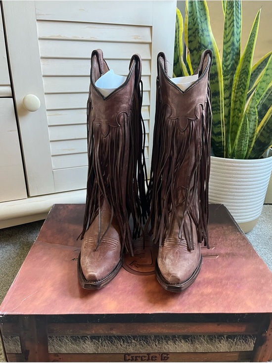 Circle G Shoes - NEW! Circle G Corral Brick Fringe Leather Snip Toe Pull On Cowboy Boots 7